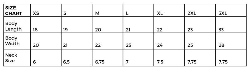 Body measurement chart for No Sleep T-Shirt