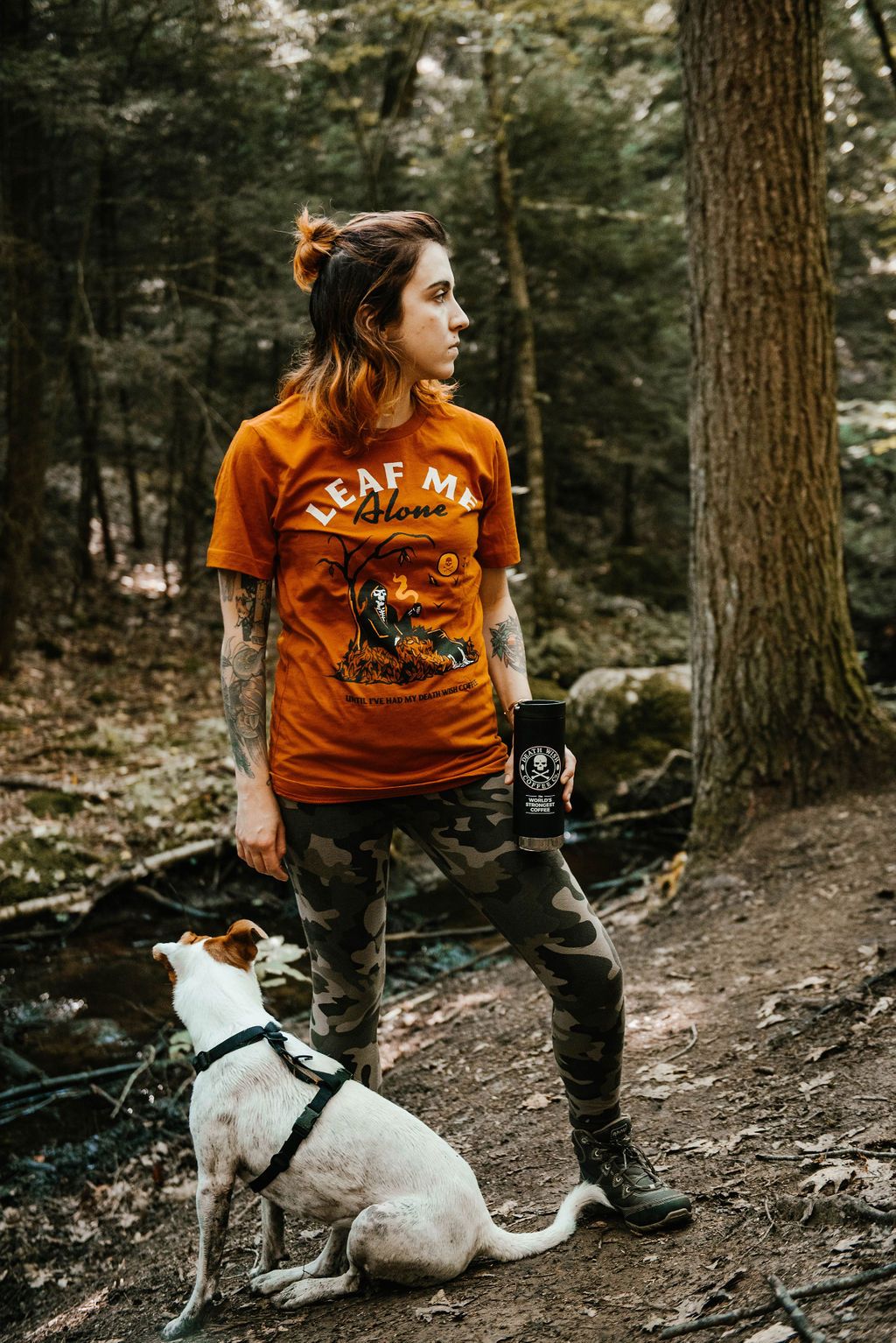 Woman wearing Leaf Me Alone T-shirt
