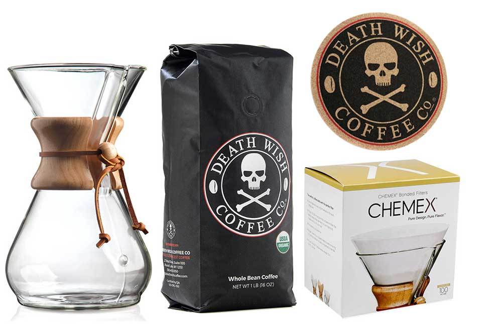 Chemex unit and bag of whole bean Death Wish Coffee