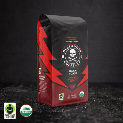 Death Wish Coffee - Dark Roast Whole Bean 16oz Bag.