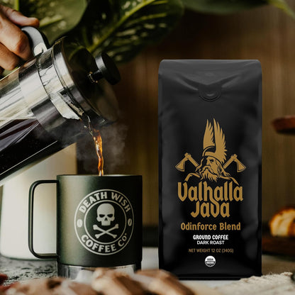 Pouring Valhalla Java Death Wish Coffee into a mug.