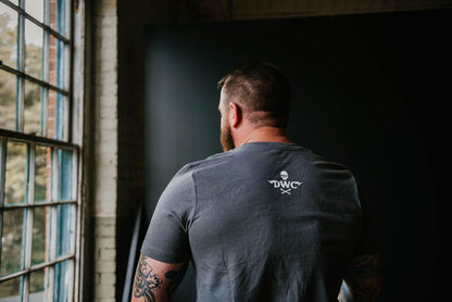 Back view of man wearing Death Wish Coffee Logo T-shirt