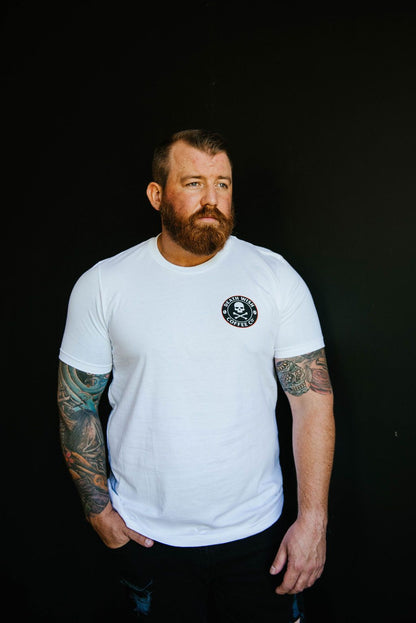 Man wearing Death Wish Coffee Logo T-shirt