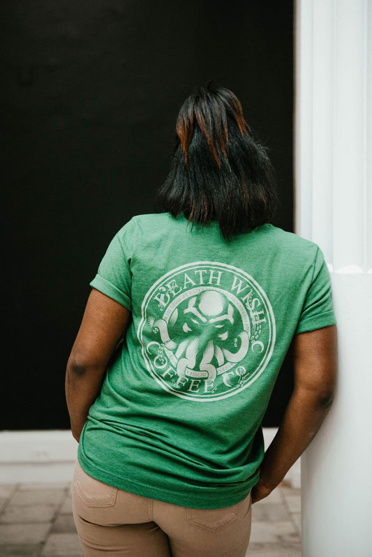 Back view of woman wearing Cthulhu Medallion Limited-edition T-shirt