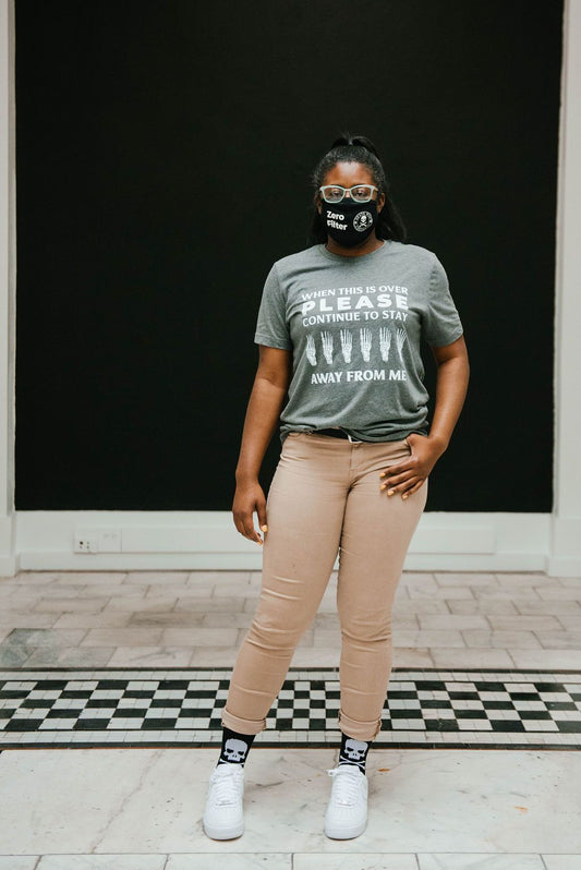 Woman wearing 6-Feet Away T-shirt