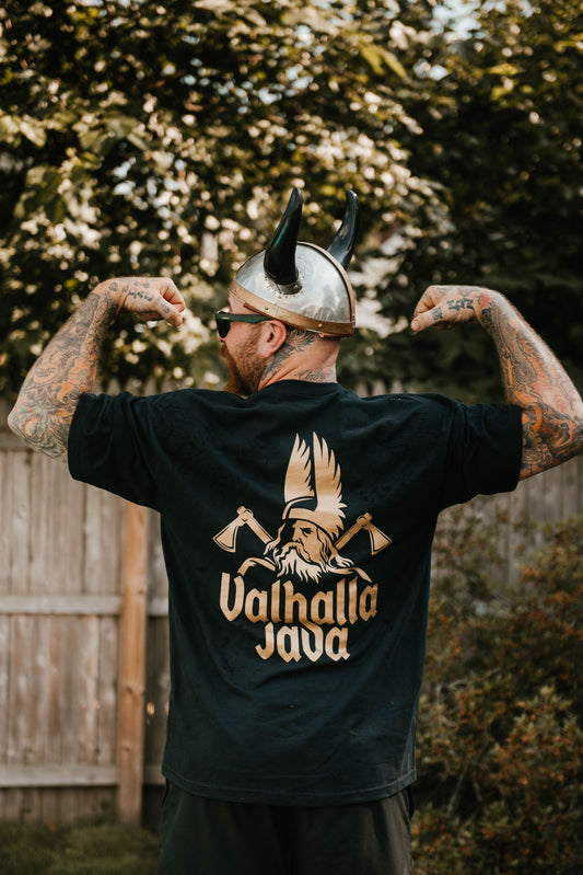 Back view of man wearing Valhalla Java Core T-Shirt