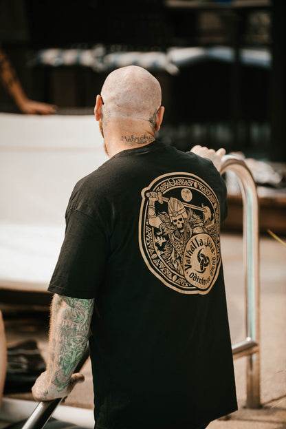 Back view of man wearing Death Wish 'Unearthed By Odin' T-Shirt