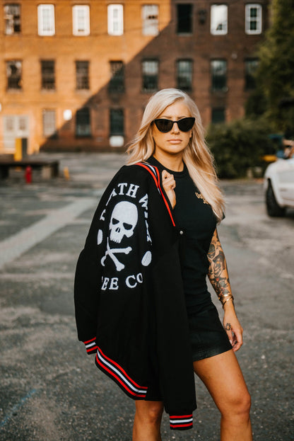 Woman with Death Wish Letterman Jacket on her shoulder