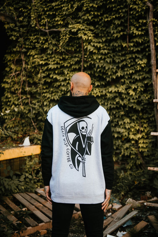 Back view of man wearing Death Wish Grim Reaper Hoodie