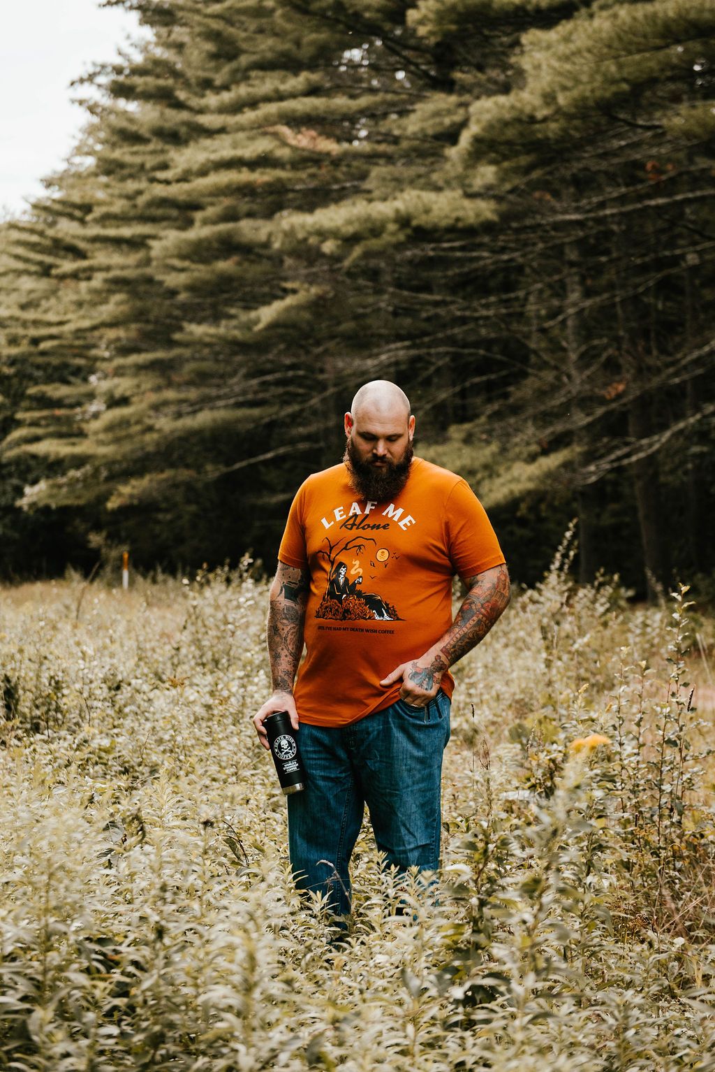 Man wearing Leaf Me Alone T-shirt