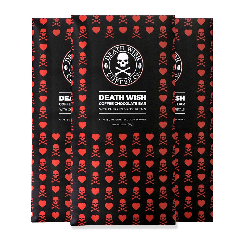 Three bars of Death Wish Coffee Chocolate Bar with Cherries and Rose Petals