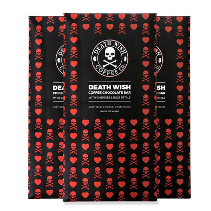 Three bars of Death Wish Coffee Chocolate Bar with Cherries and Rose Petals