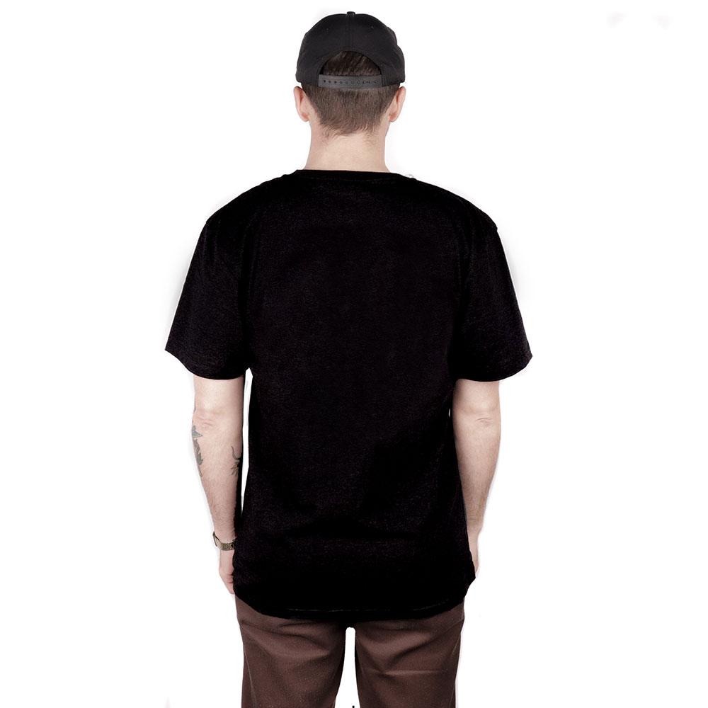 View from back of man wearing a "Broke, Not Busted" Charity T-shirt