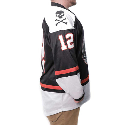Side view of man wearing Death Wish 2019 Hockey Jersey