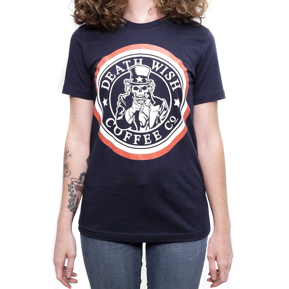 Woman wearing Death Wish Uncle Sam Tee
