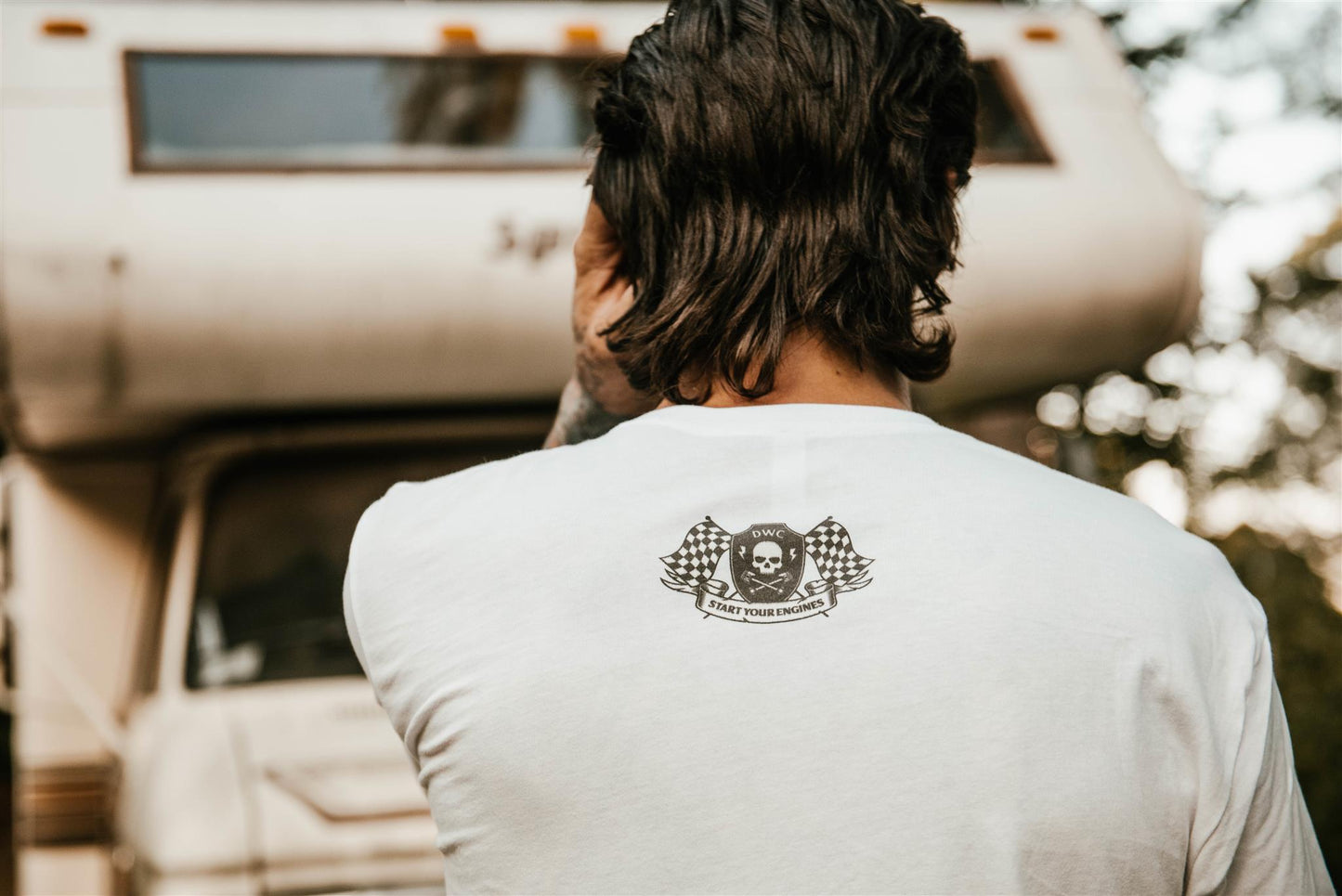 Back view of a man wearing a Nosleep T-Shirt